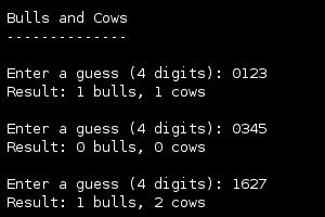 Screenshot of 'Bulls and Cows' with some guesses