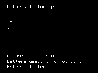 Screenshot of hangman with some letters guessed